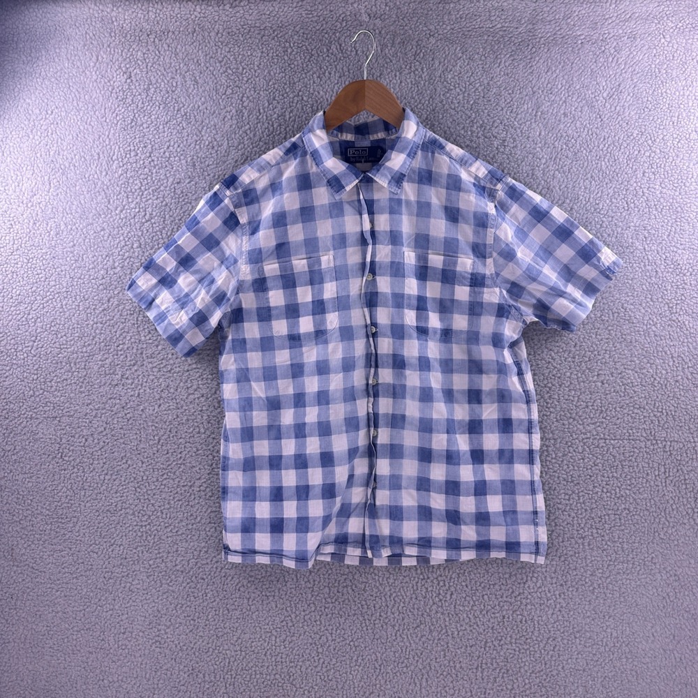 Polo Ralph Lauren Mens Large Blue White Gingham Loop Collar Button Down Shirt